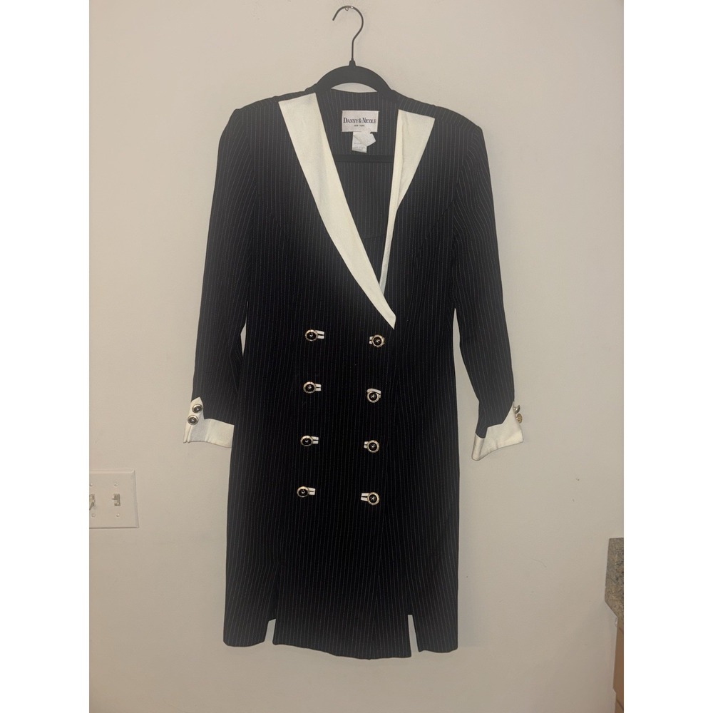 Vintage Danny & Nicole Black Cream Button-Down Long-Sleeve Jacket Dress Sz 10P
